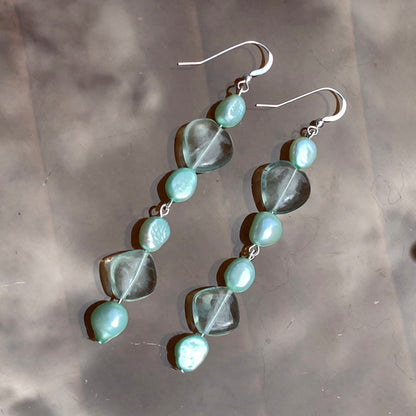 Genuine fresh water Pearls and Fluorite hearts on sterling silver Earrings