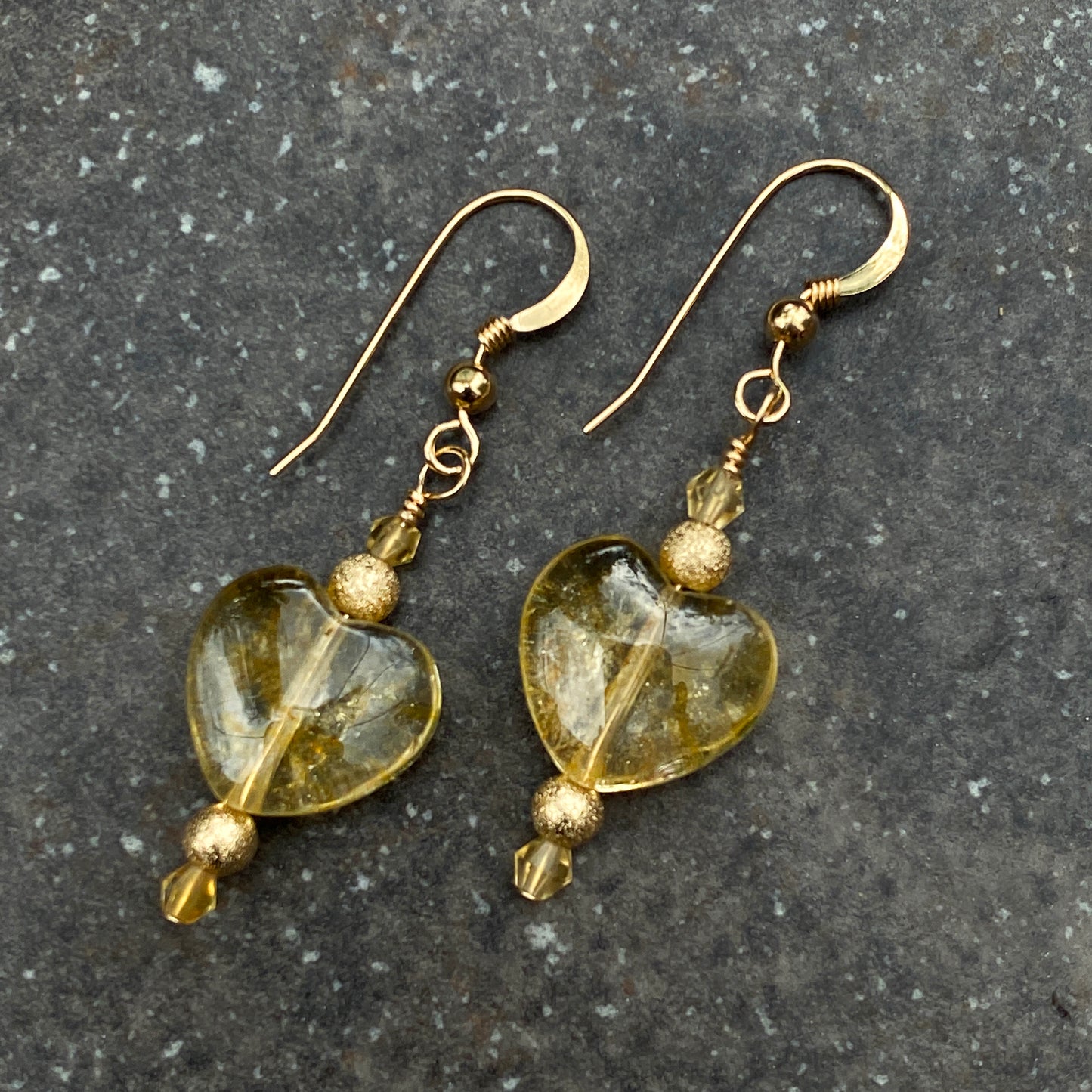 Citrine quartz Gemstone hearts and 14 kt gold fill drop earrings