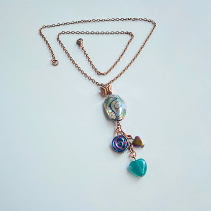 Women's Copper Dream Necklace with Hematite, Abalone & Green Onyx Gemstone Heart