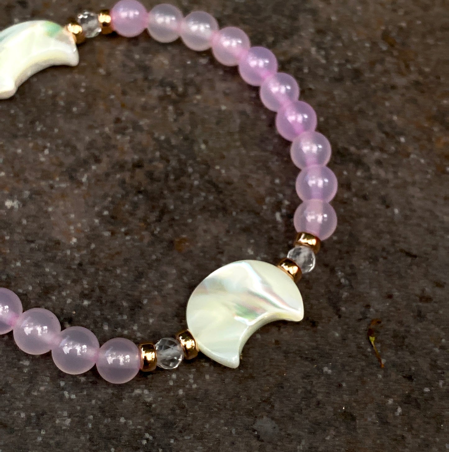 Double mother of pearl Moons, pink Agates, white Topaz Gemstone stretch bracelet