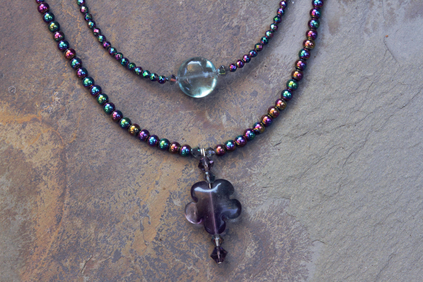 Women's Rainbow Heamatite and Fluorite Gemstone Double Necklace