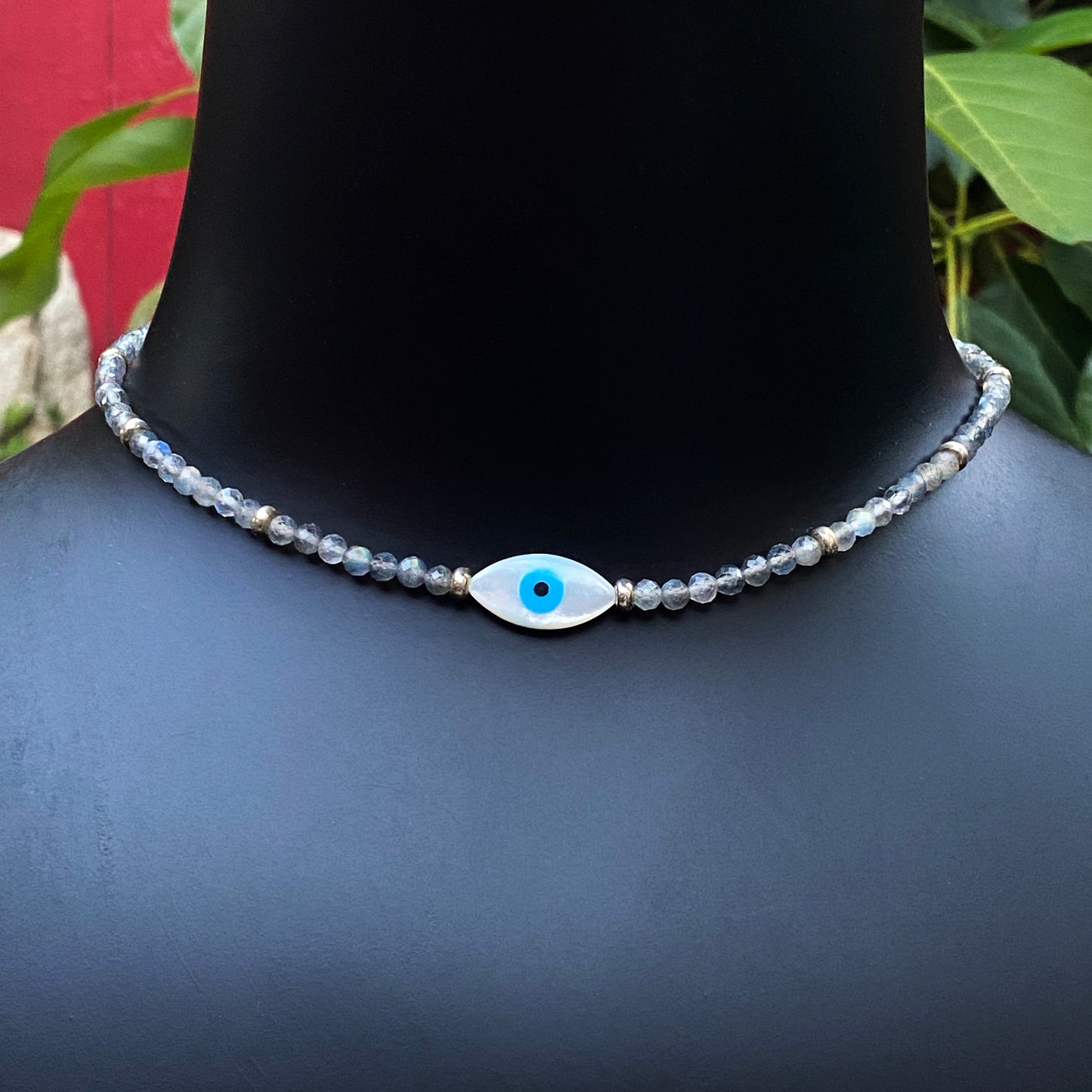 Women's Mother of Pearl Evil Eye Choker with Labradorite Gemstones & Sterling Silver