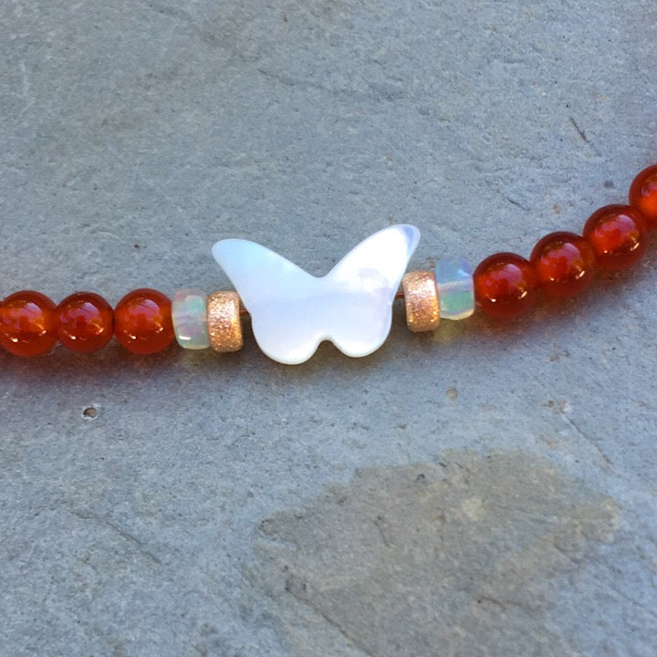 Mother of Pearl Butterfly, Red Onyx & Ethiopian Opal gemstone necklace