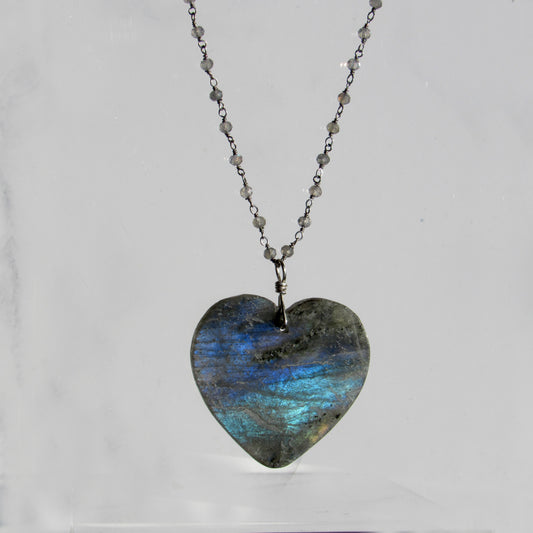 Labradorite Heart gemstone Pendant on labradorite and Silver Chain