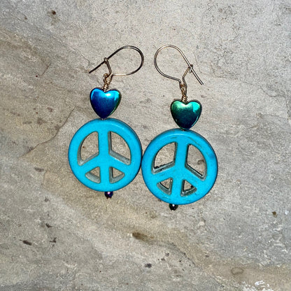 Howlite Peace Sign and Hematite gemstone Heart drop Earrings