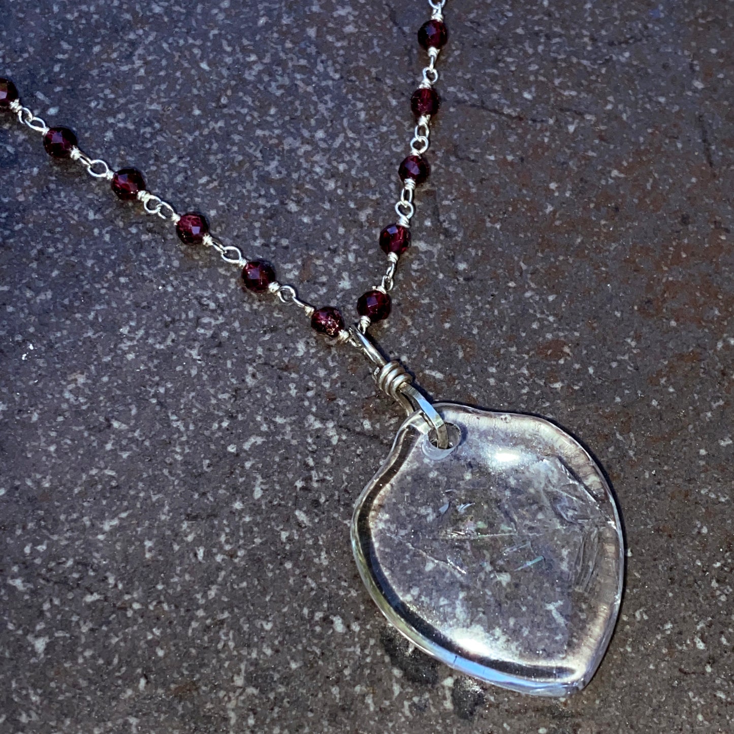 Clear Quartz Heart on Garnet Wrapped Sterling Silver Chain Necklace