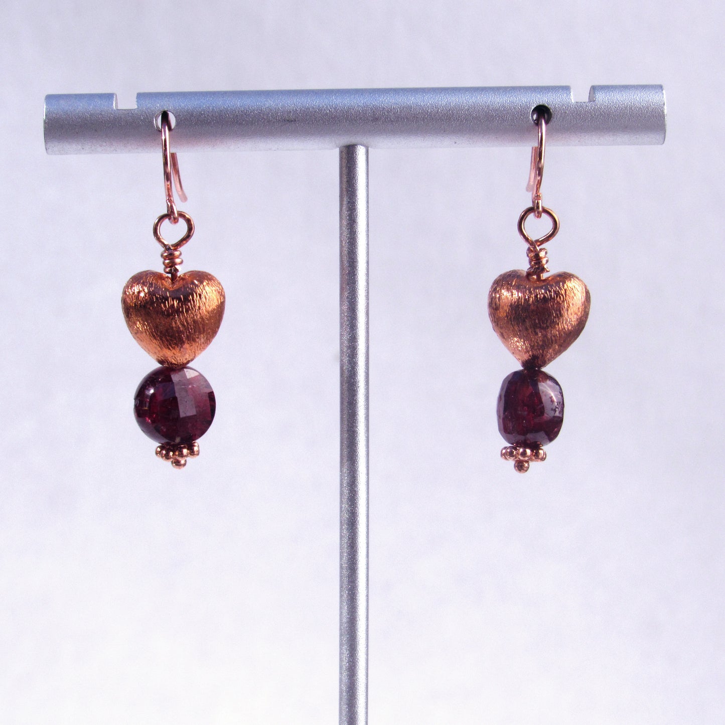 Copper Hearts with Garnet gemstone earrings