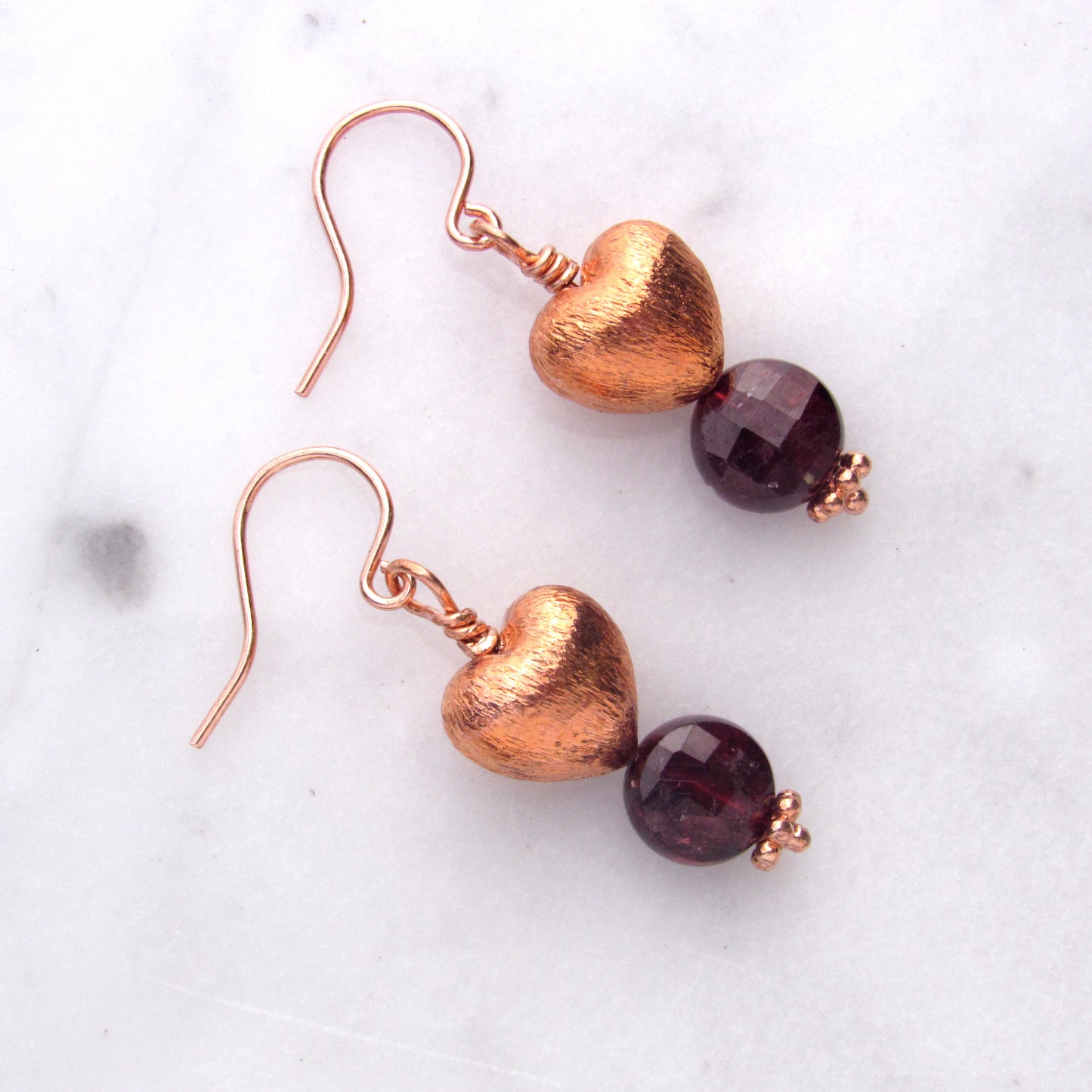 Copper Hearts with Garnet gemstone earrings