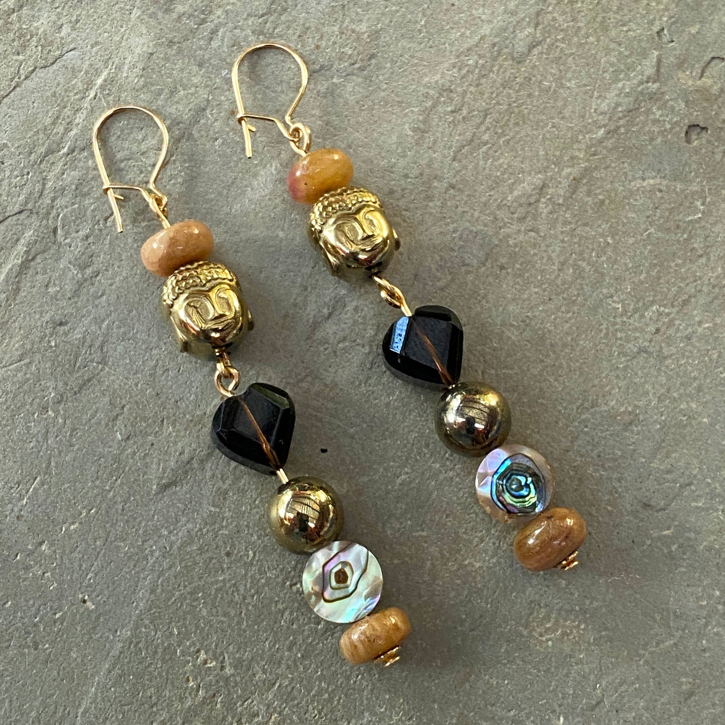 Golden Buddha Head and Topaz Heart Gemstone Earrings