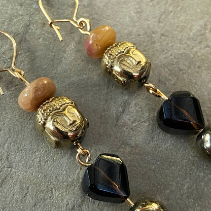 Golden Buddha Head and Topaz Heart Gemstone Earrings