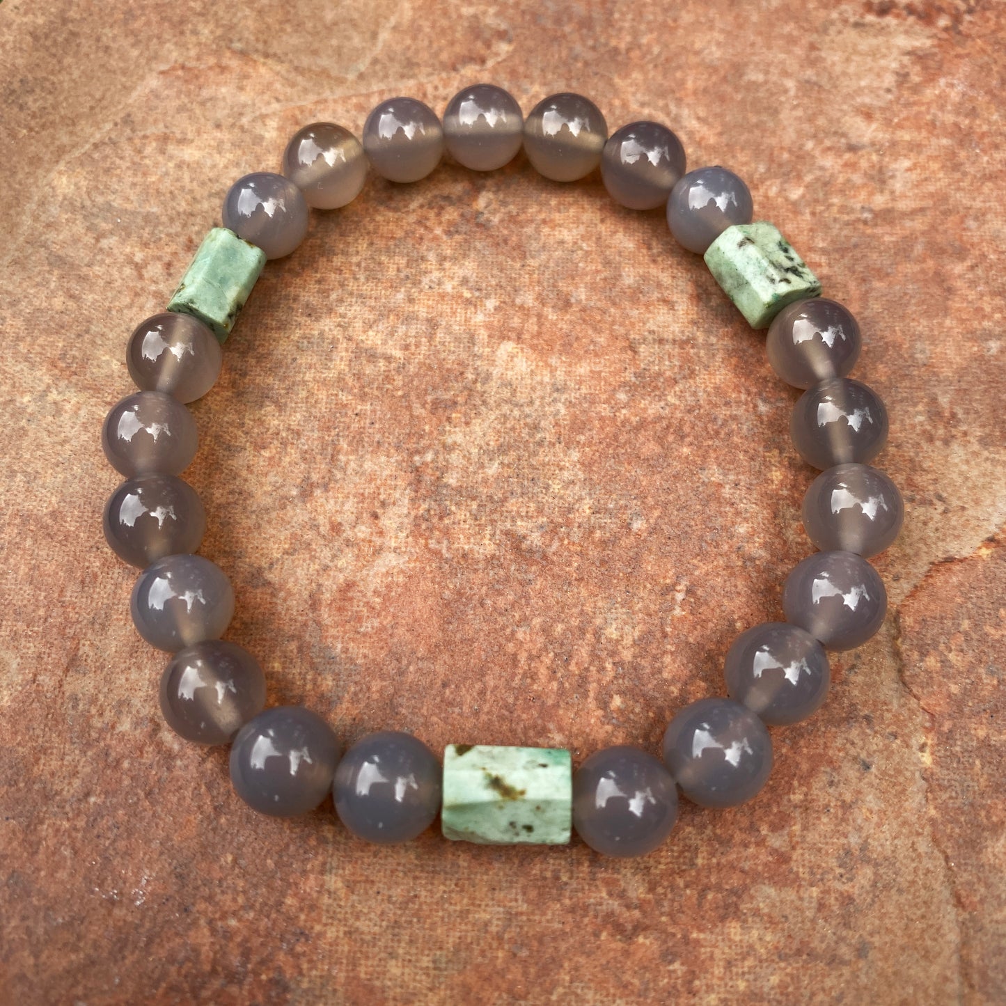 Men’s Gray Agate & African Turquoise Gemstone stretch Bracelet