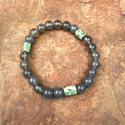 Men’s Gray Agate & African Turquoise Gemstone stretch Bracelet