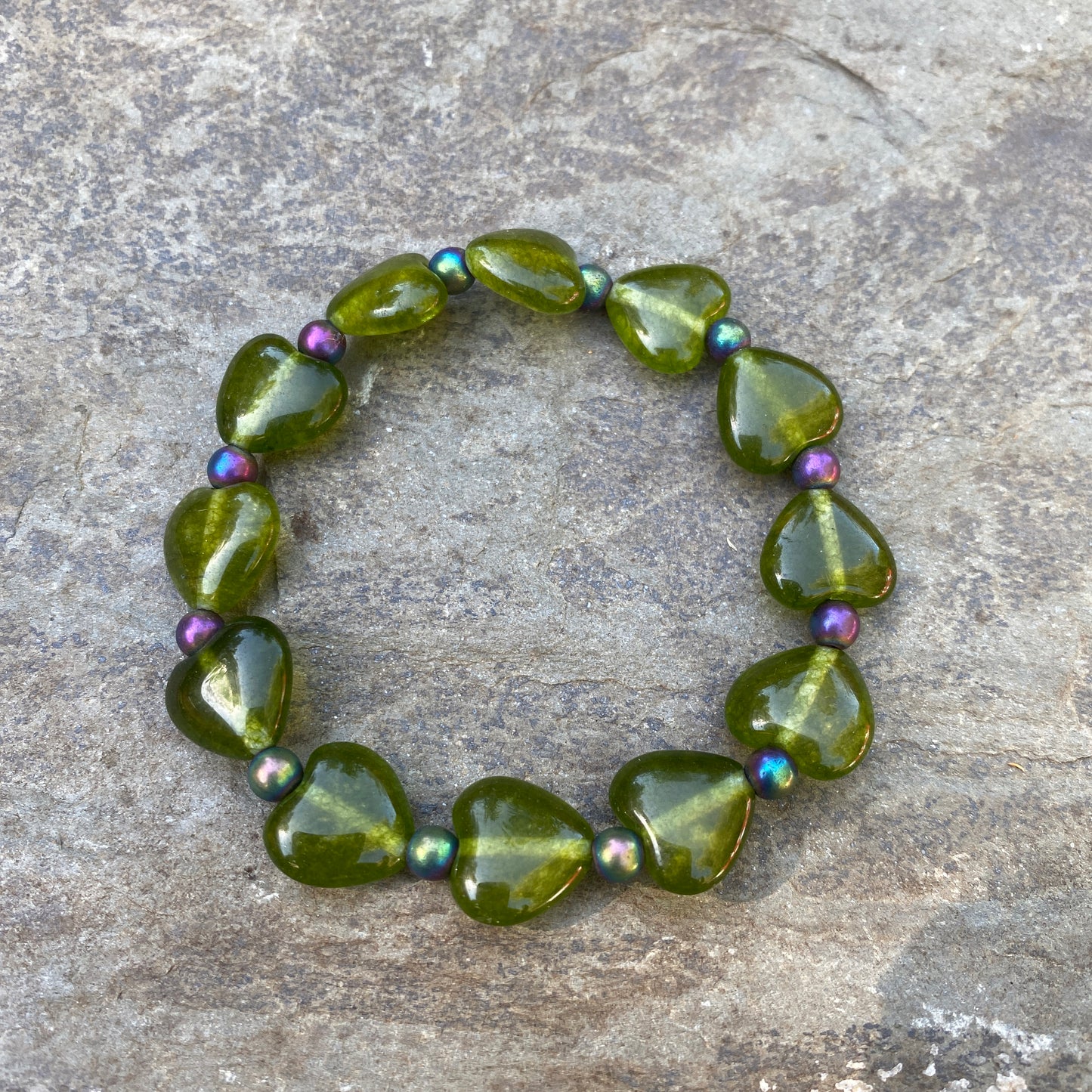 Jade Gemstone Hearts and Hematite Gemstone Bracelets