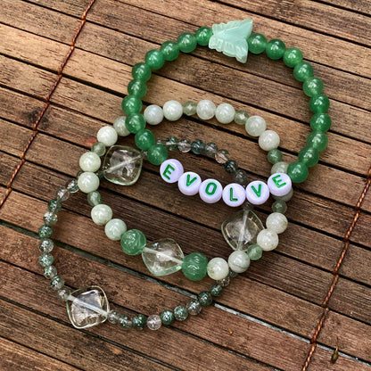 Three EVOLVE Gemstone Bracelet stack Aventurine, Burma Jade and Amazonite butterfly