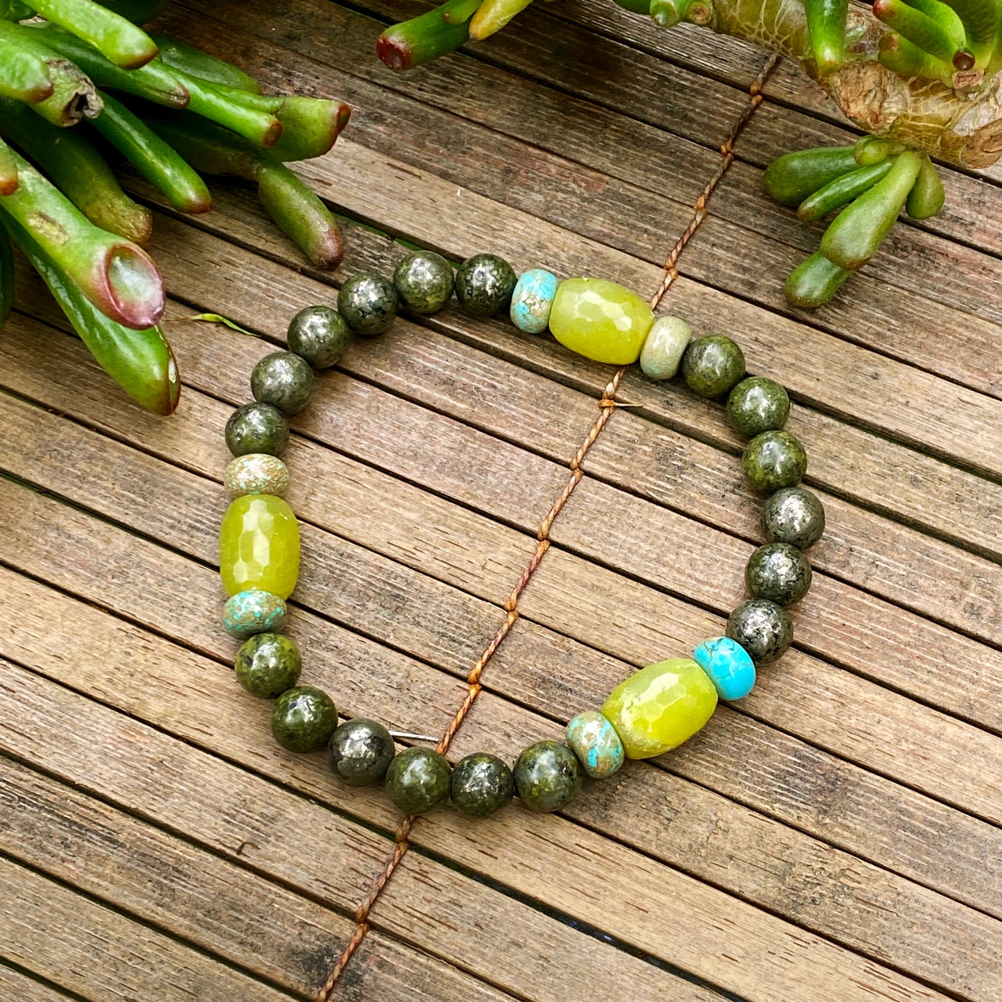 Men’s green Pyrite, Jade, and Boulder Creek Turquoise Gemstone stretch bracelet
