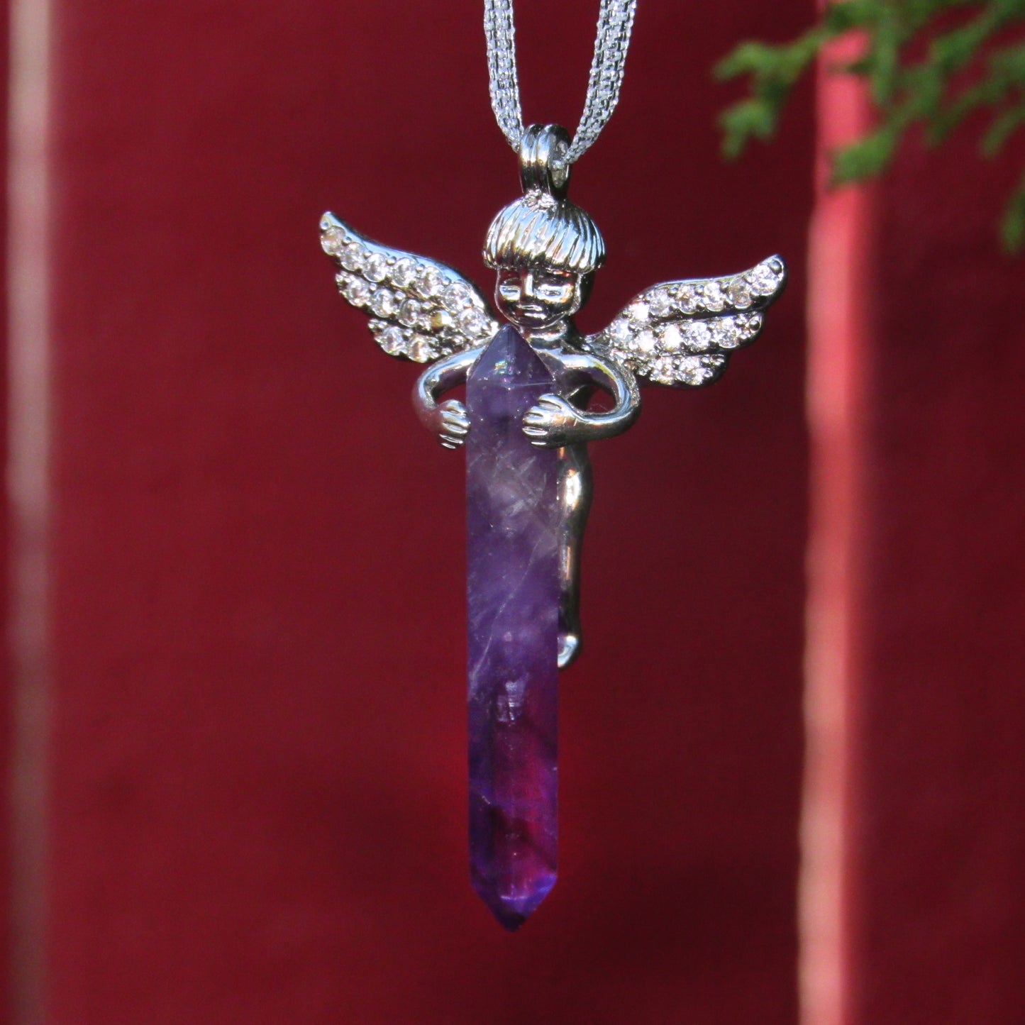 Genuine Amethyst Gemstone shard and Angel Hanging Ornament