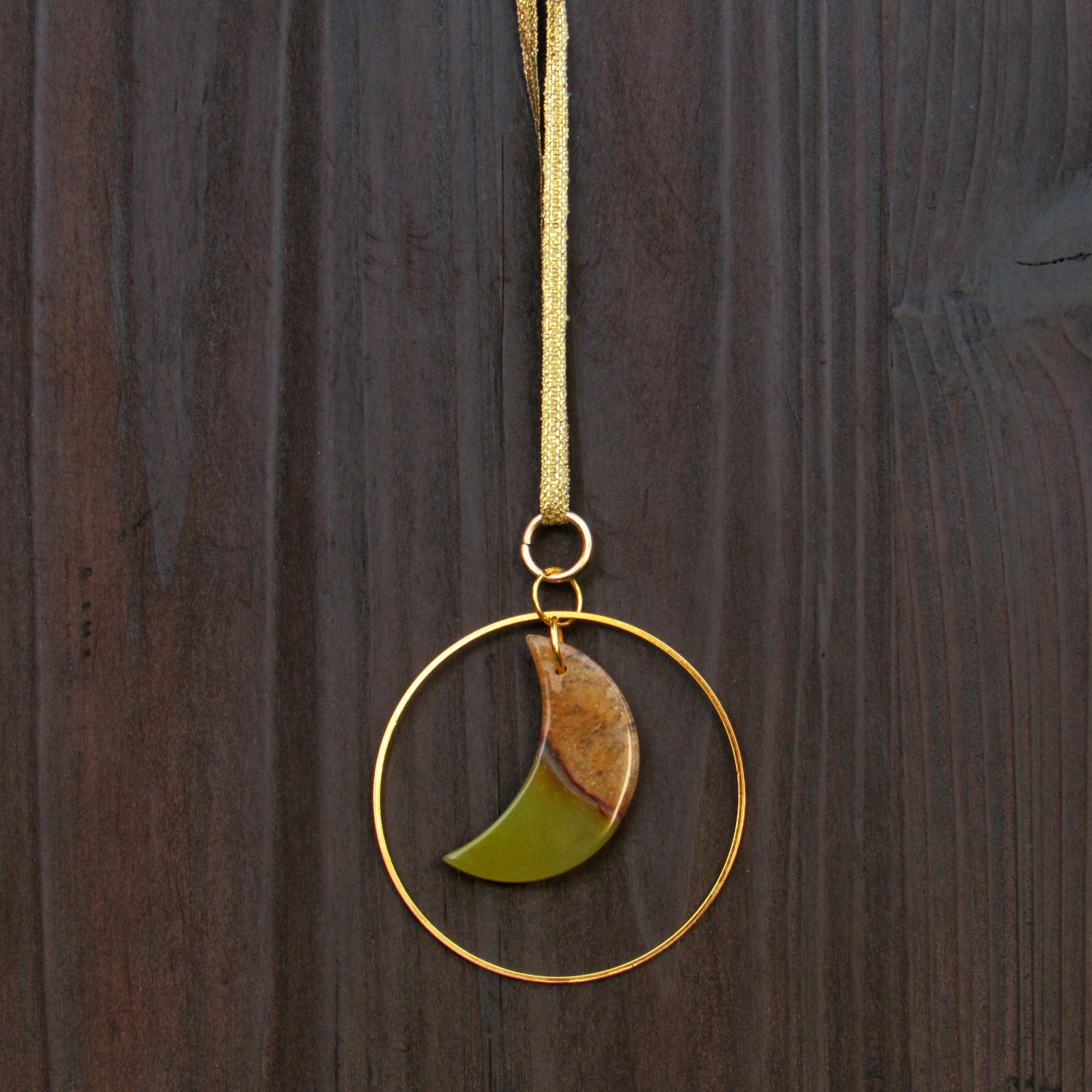 Hanging Yellow Druzy Agate Moon and Brass Ring