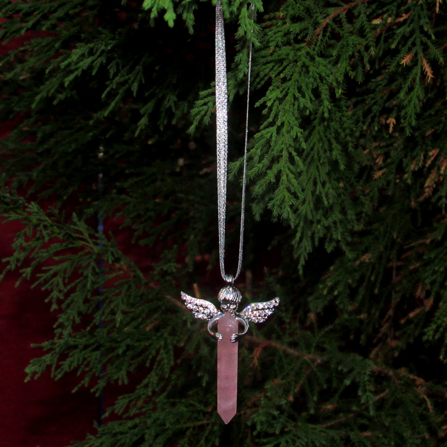 Genuine Rose Quartz Gemstone shard and Angel Hanging Ornament