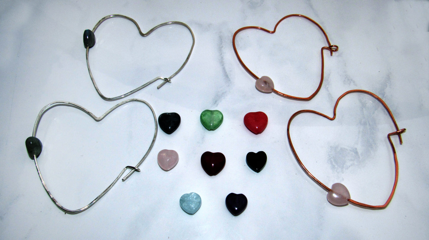 Hammered Copper or Silver Heart Earrings with choice of Gemstone Heart