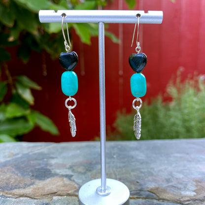 Blue TigerEye Heart and Turquoise Gemstone with Silver Feather drop Earrings