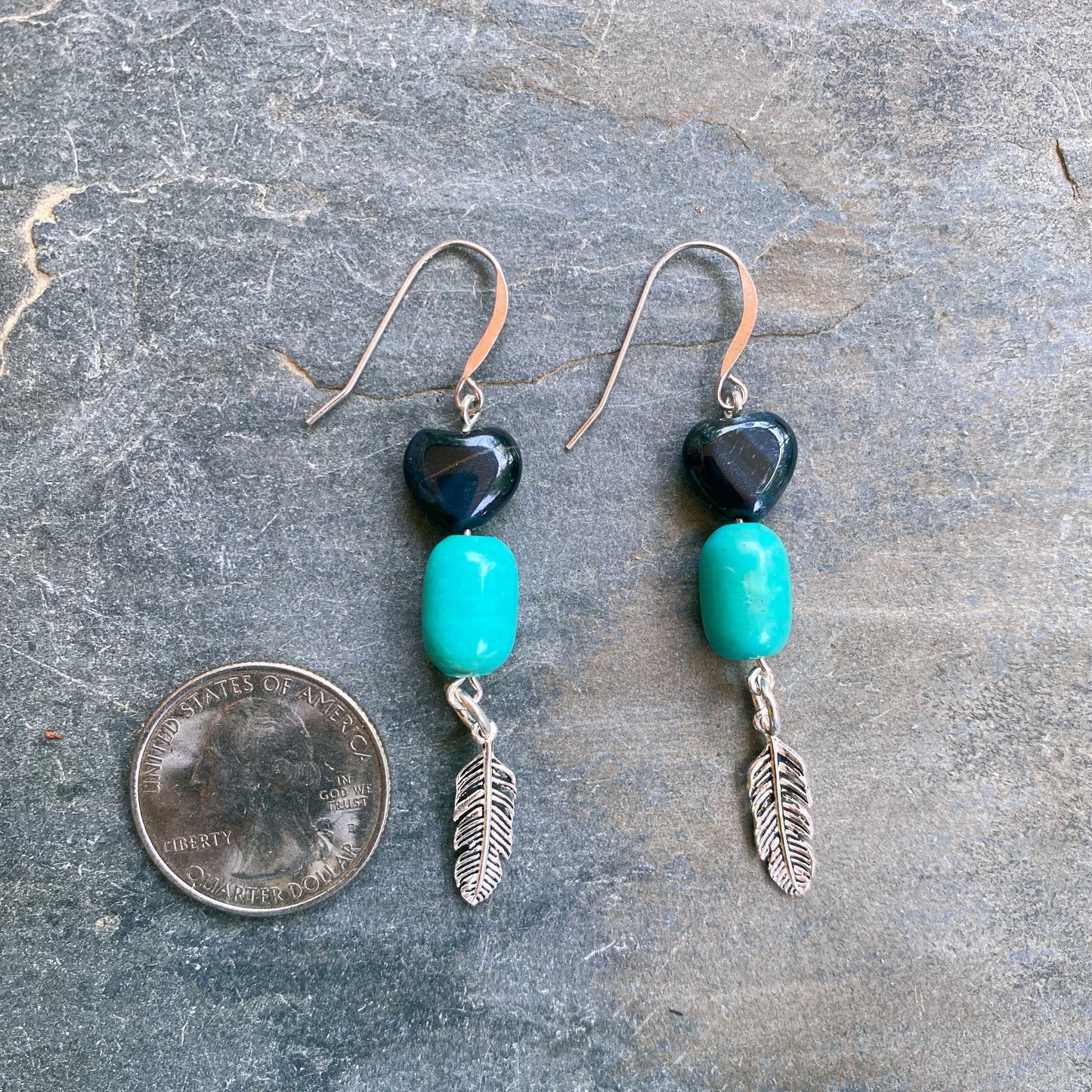 Blue TigerEye Heart and Turquoise Gemstone with Silver Feather drop Earrings