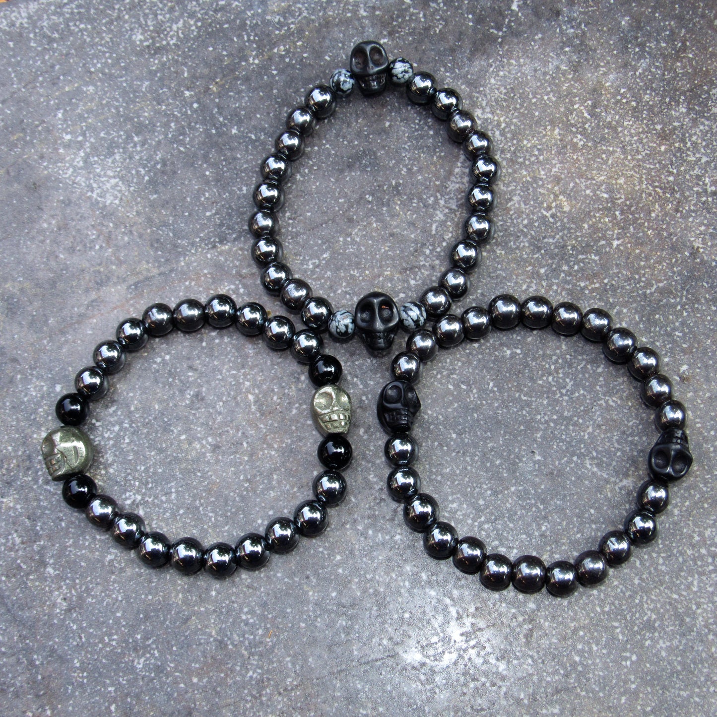 Hematite Gemstone and Skulls bracelet