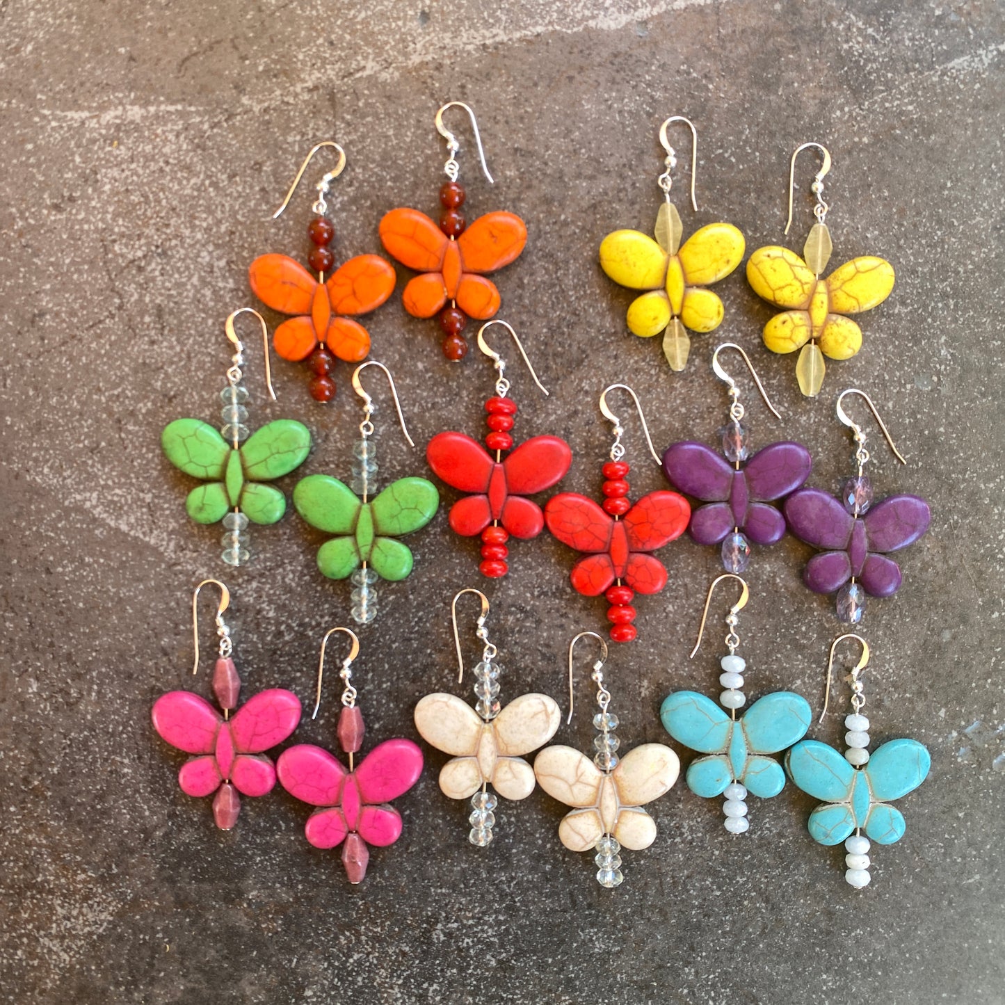 Bright Color Howlite and Gemstone Butterfly Earrings