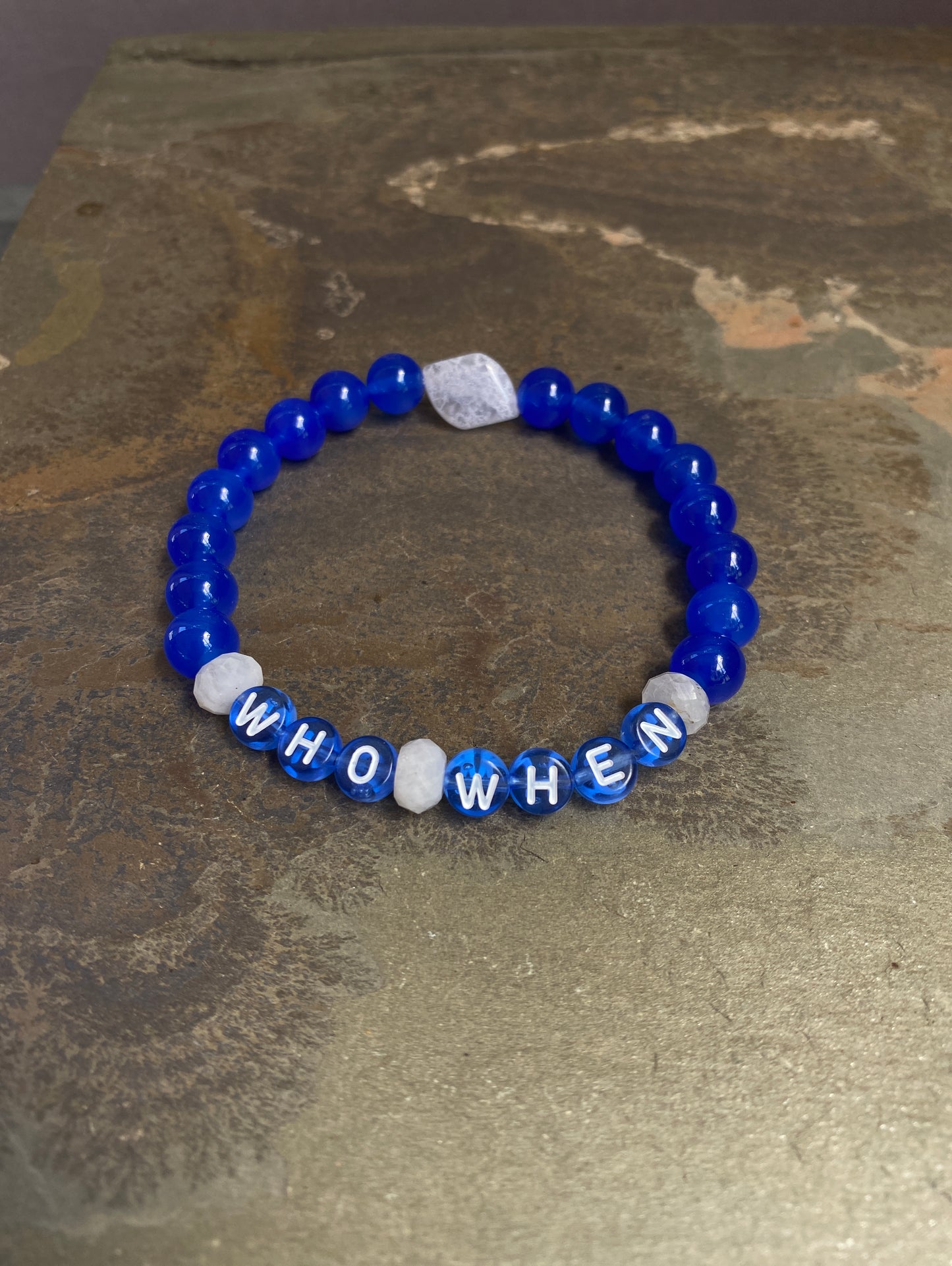 Men's Blue Onyx Gemstone "Who, When" phrase Bracelet