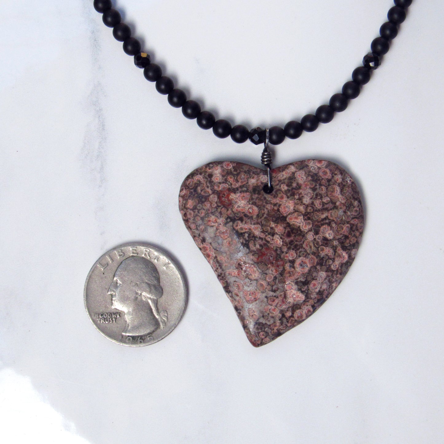 Leopard Print Jasper Gemstone Heart Pendant on Onyx and Spinel Necklace
