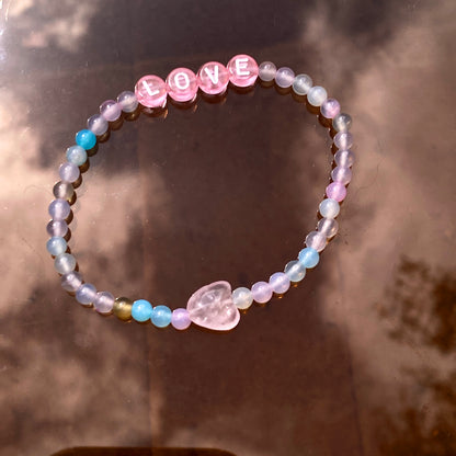 Women's Morganite LOVE & Rose Quartz heart semiprecious gemstone bracelet