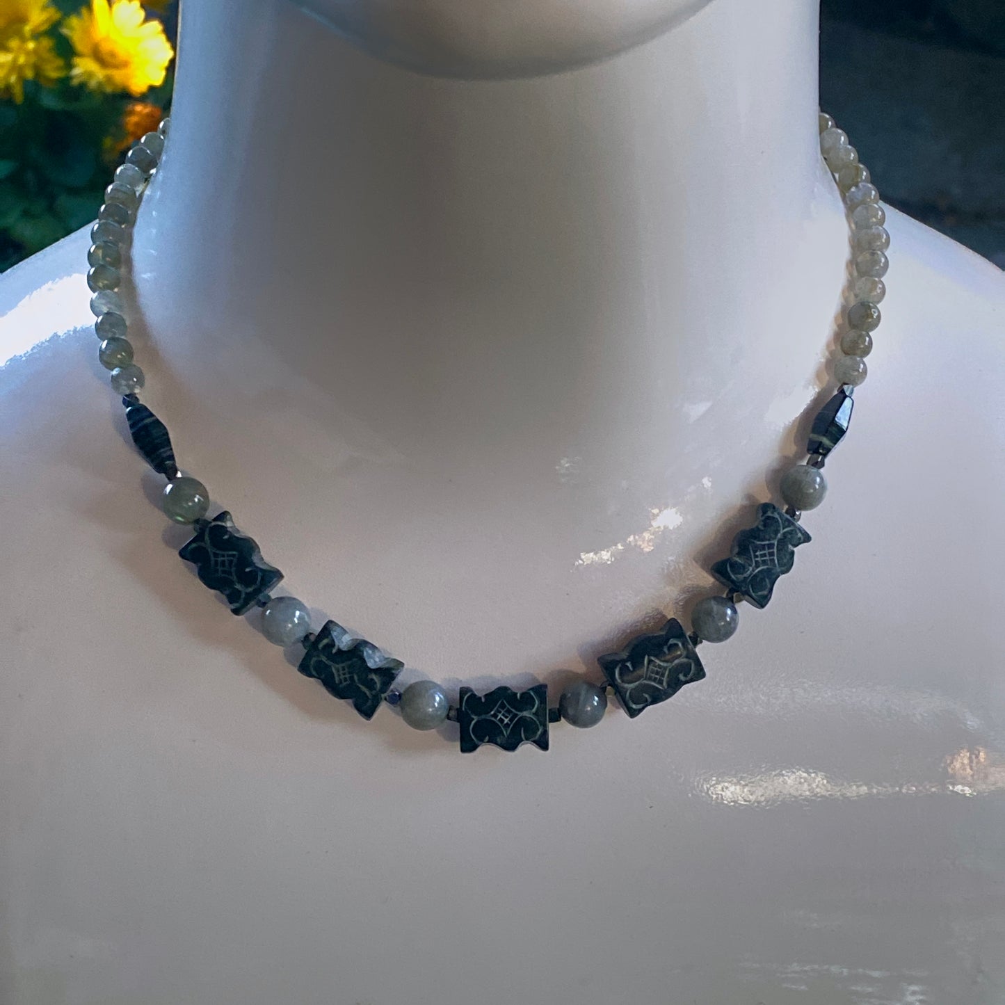 Men's Labradorite, old black jade, and silver smoke jasper, and oxidized sterling silver necklace