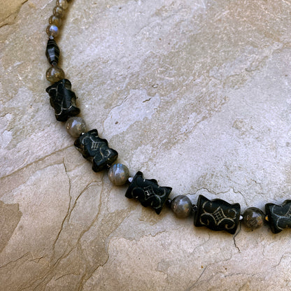 Men's Labradorite, old black jade, and silver smoke jasper, and oxidized sterling silver necklace