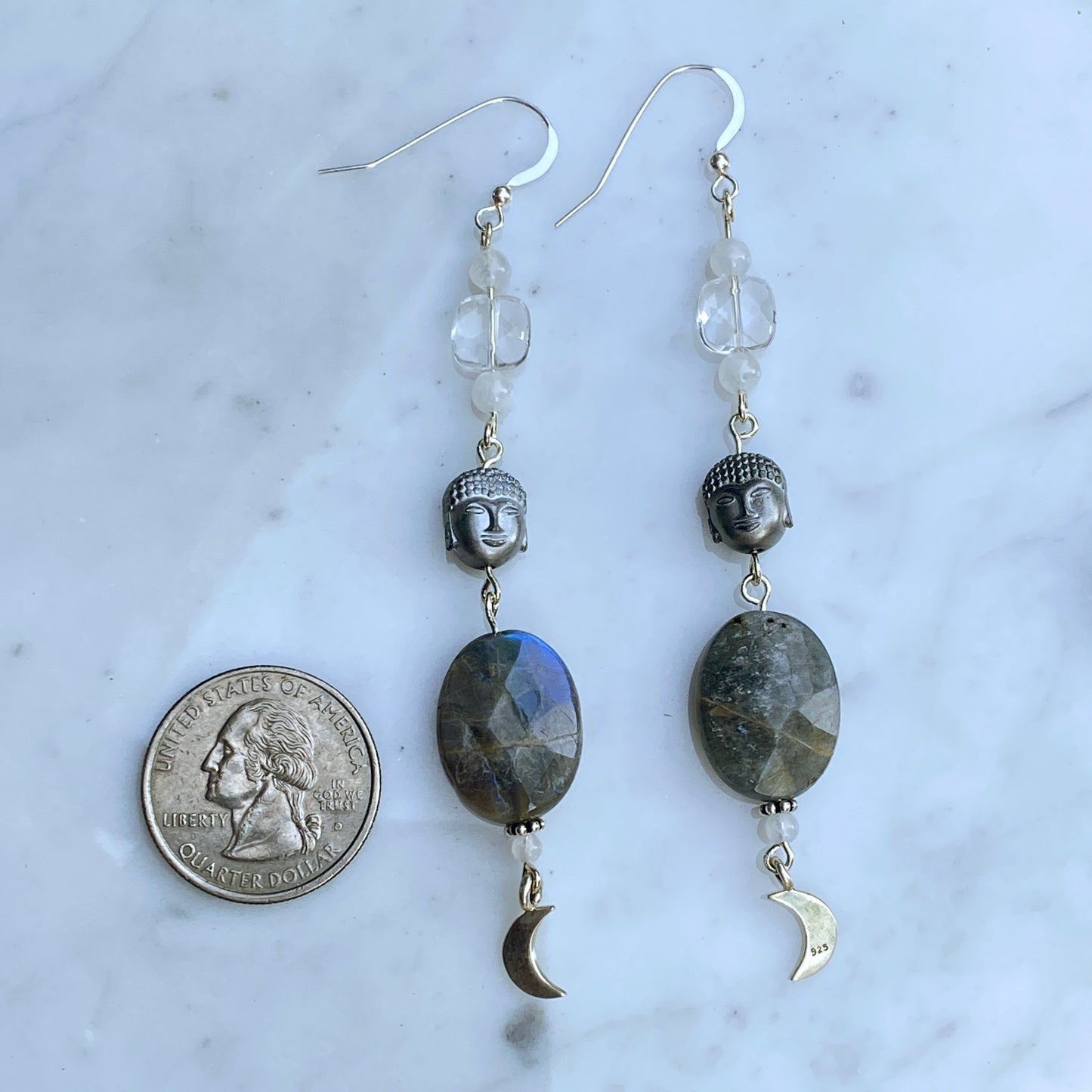 Labradorite with Hematite Buddha, Clear Quartz, Moonstone and Sterling silver earrings