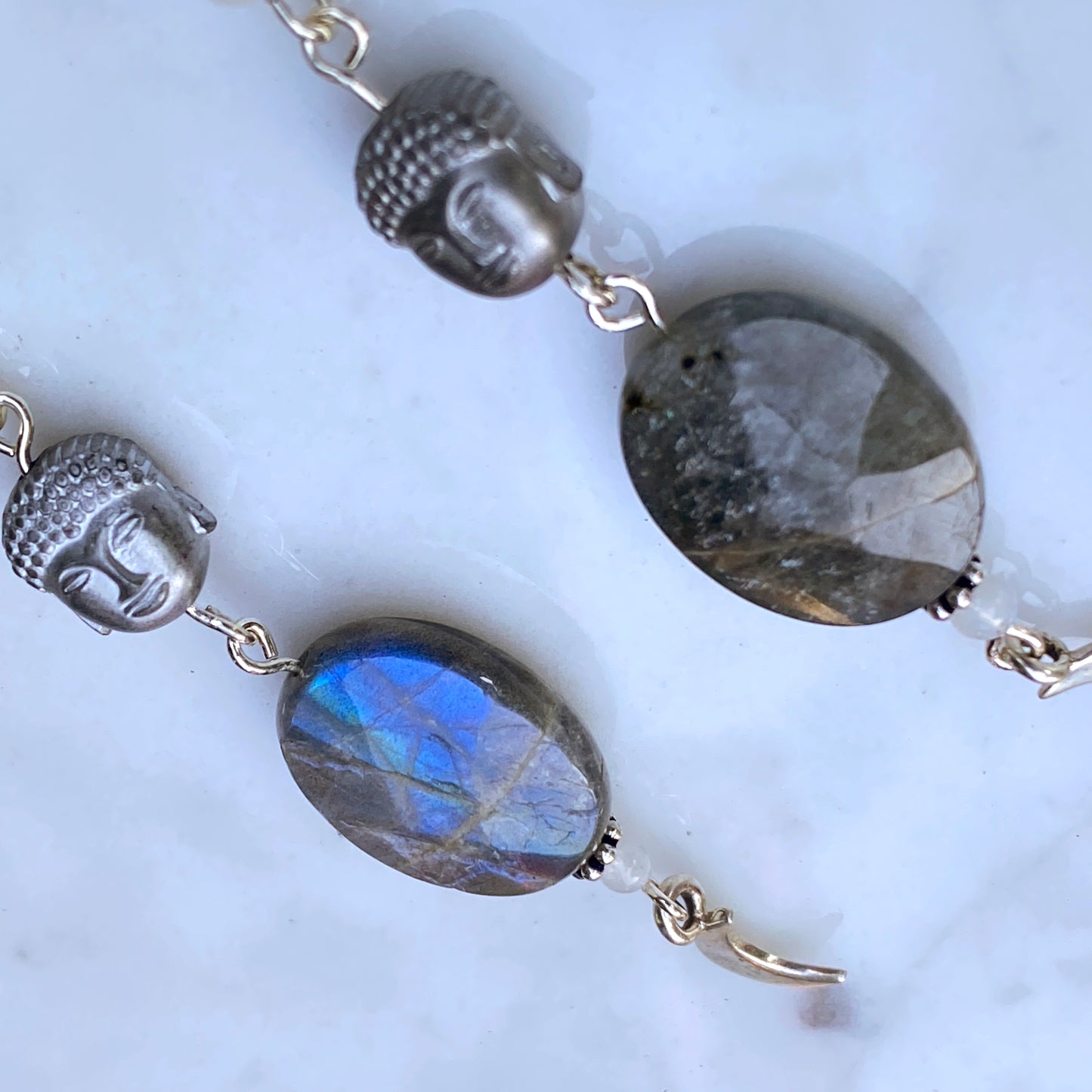 Labradorite with Hematite Buddha, Clear Quartz, Moonstone and Sterling silver earrings