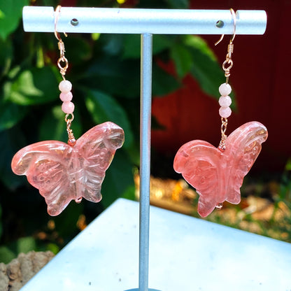Cherry Quartz Gemstone Butterfly Earrings with Pink Opals & Rose gold findings