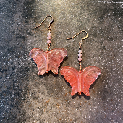 Cherry Quartz Gemstone Butterfly Earrings with Pink Opals & Rose gold findings