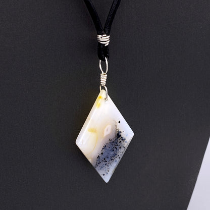 Leather and sterling Silver necklace with Dendritic Agate Gemstone Pendant