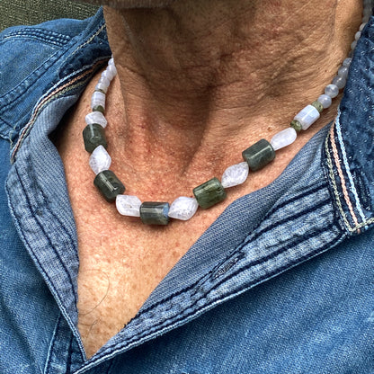 Men's Gray Labradorite with Blue lace agate Gemstone necklace