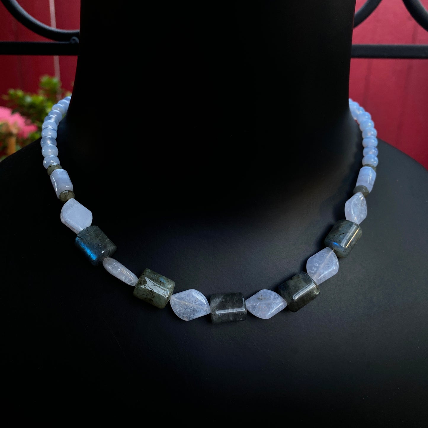 Men's Gray Labradorite with Blue lace agate Gemstone necklace