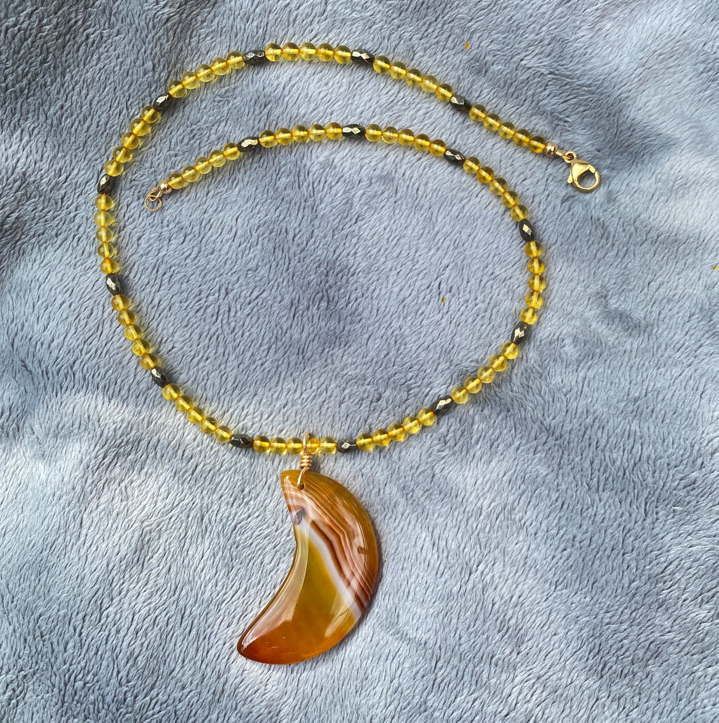 Yellow Agate Moon with Yellow Amber and Pyrite Gemstone Necklace