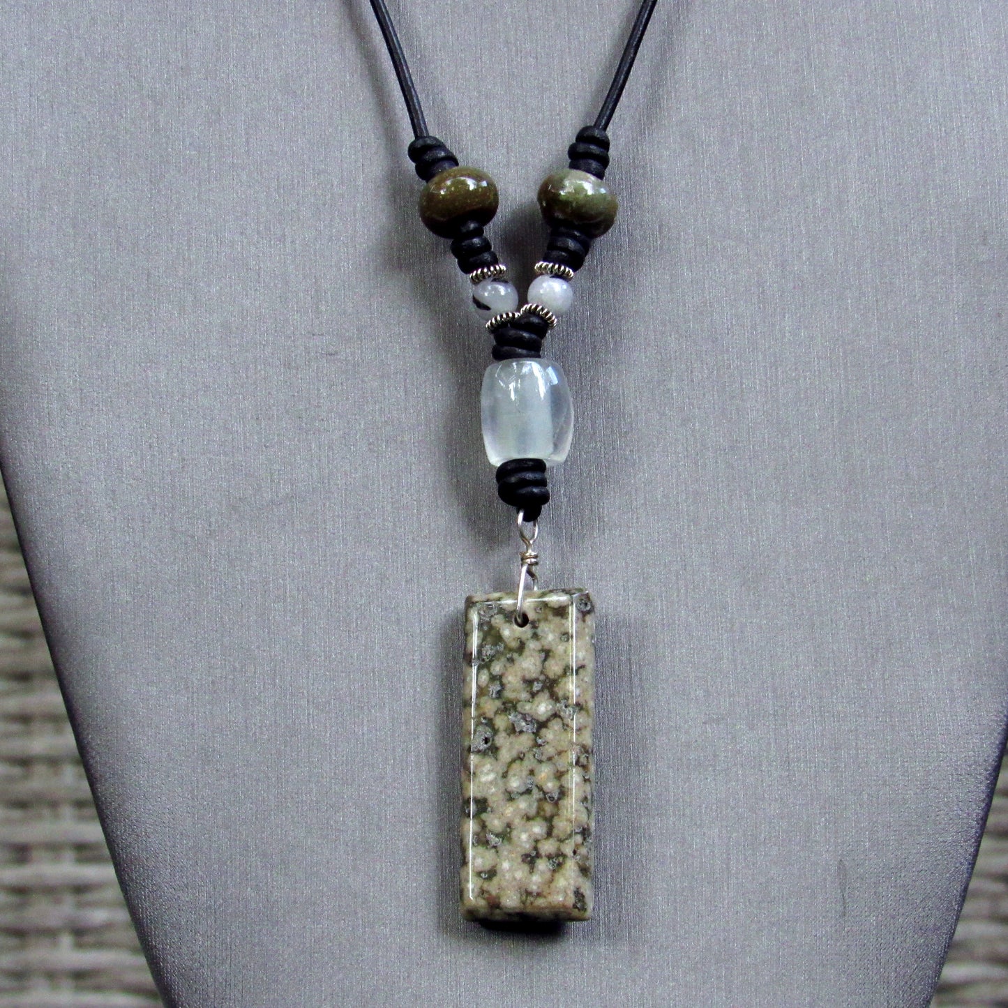 Ocean Jasper Gemstone and Quartz with Sterling Silver on Black Leather Necklace