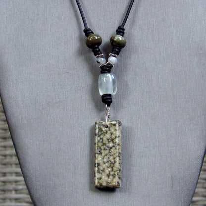 Ocean Jasper Gemstone and Quartz with Sterling Silver on Black Leather Necklace