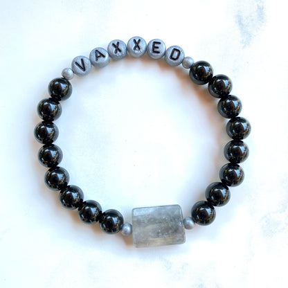 Men’s “Vaxxed”Onyx, Hematite, Smokey Quartz Stretch Bracelet
