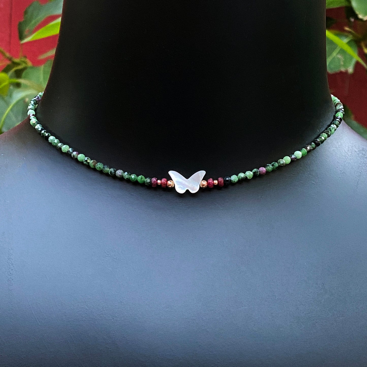 Women's Mother of Pearl Butterfly, Ruby and Ruby in Zoisite Gemstone choker necklace