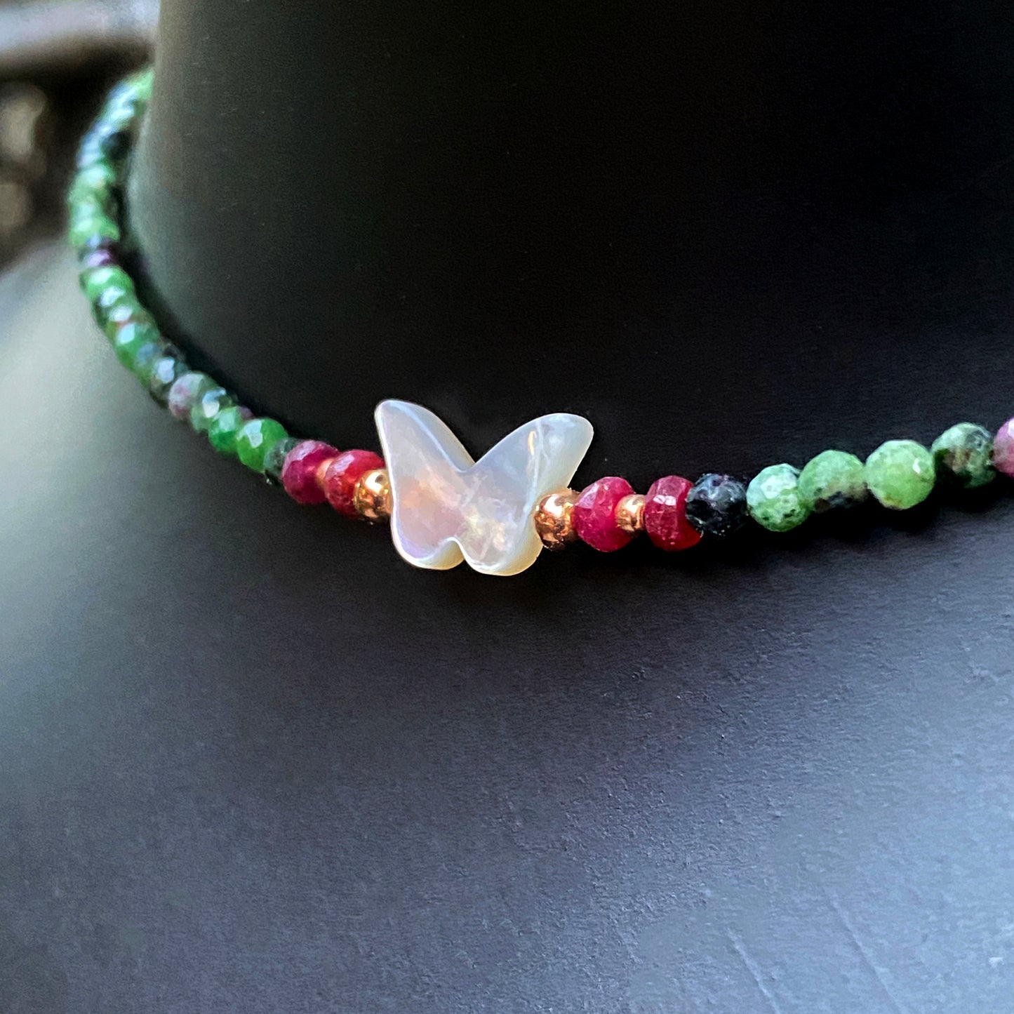 Women's Mother of Pearl Butterfly, Ruby and Ruby in Zoisite Gemstone choker necklace