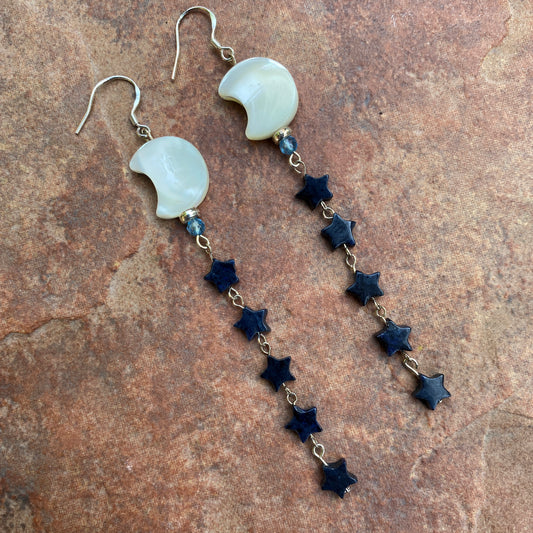 Mother of Pearl Moons & Dumortierite Star Gemstone drop earrings earrings