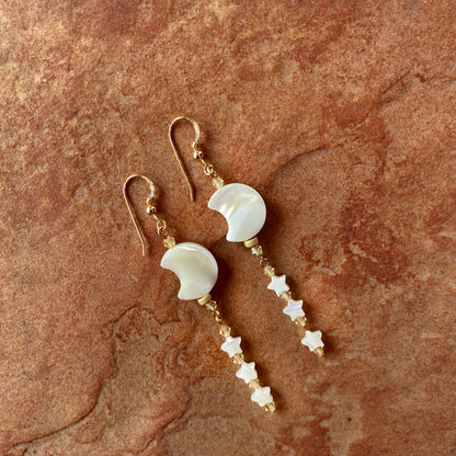 Mother of Pearl Moon & Stars with Citrine Gemstones drop earrings.
