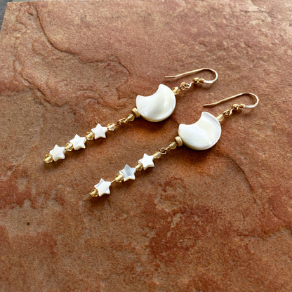Mother of Pearl Moon & Stars with Citrine Gemstones drop earrings.