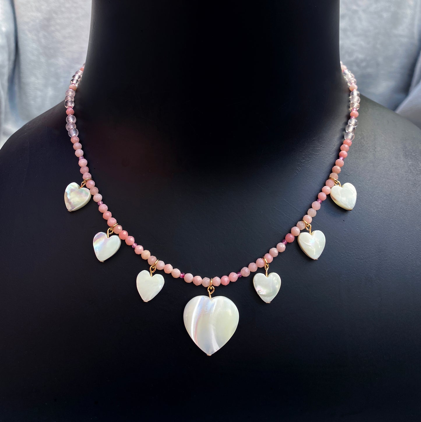 Women’s Mother of Pearl Hearts with Rose Quartz, pink Topaz, and pink Opals