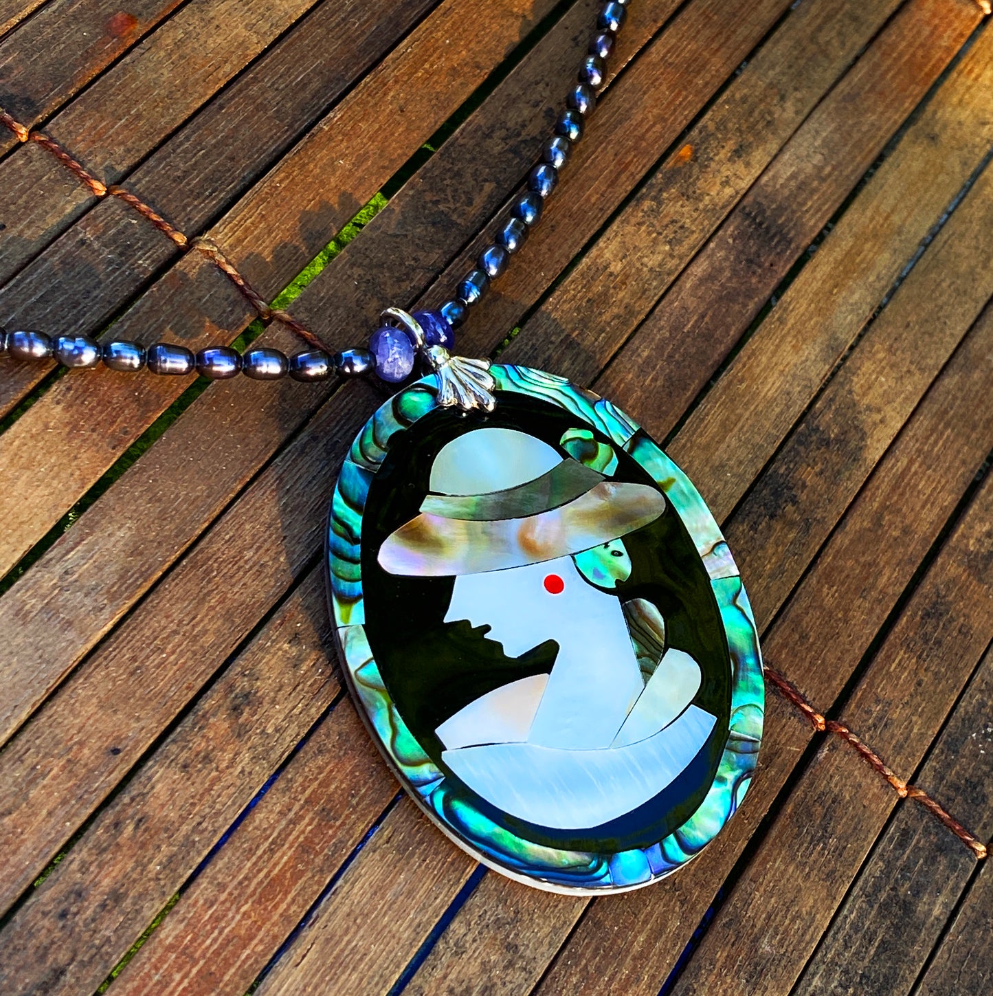 Mother of Pearl Cameo pendant, fresh water pearls & Tanzanite gemstone necklace